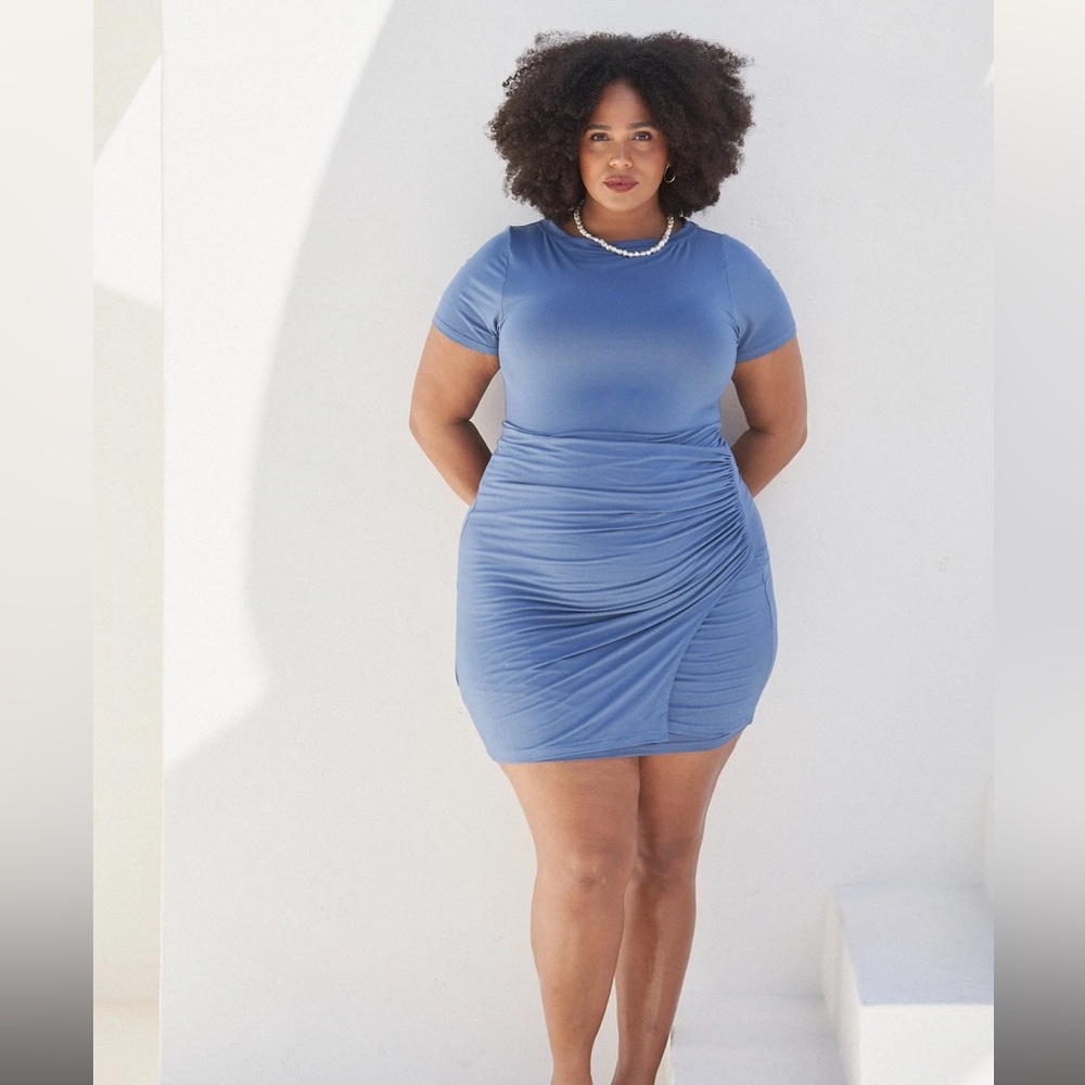 Chic Blue Ruched Mini Dress